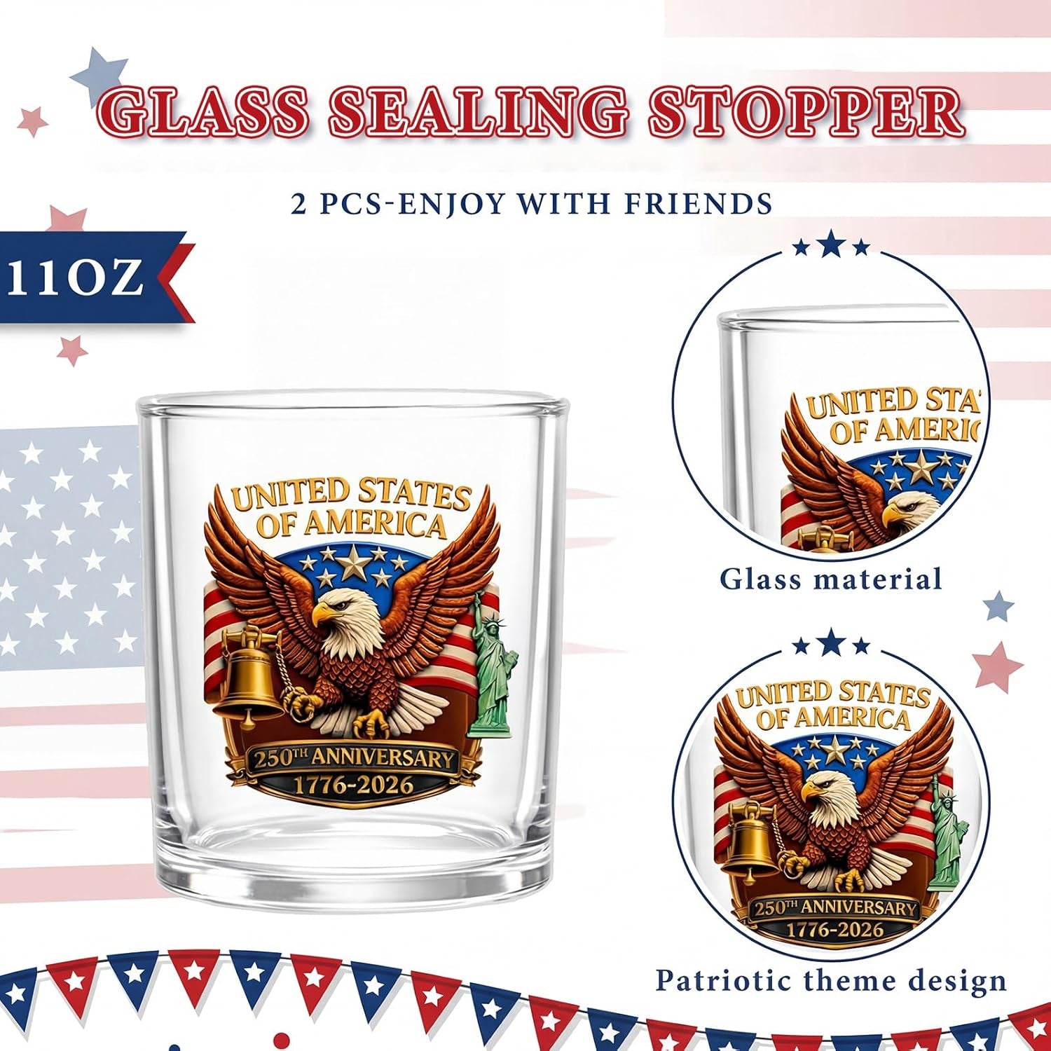 250Th Anniversary Whiskey Decanter Set with 2 Glasses, Patriotic Gift 25Oz 1776-2026 Liquor Bourbon Decanter American Flag Bottle & Glass Independence Day Gift for Men Dad Coworker Lover