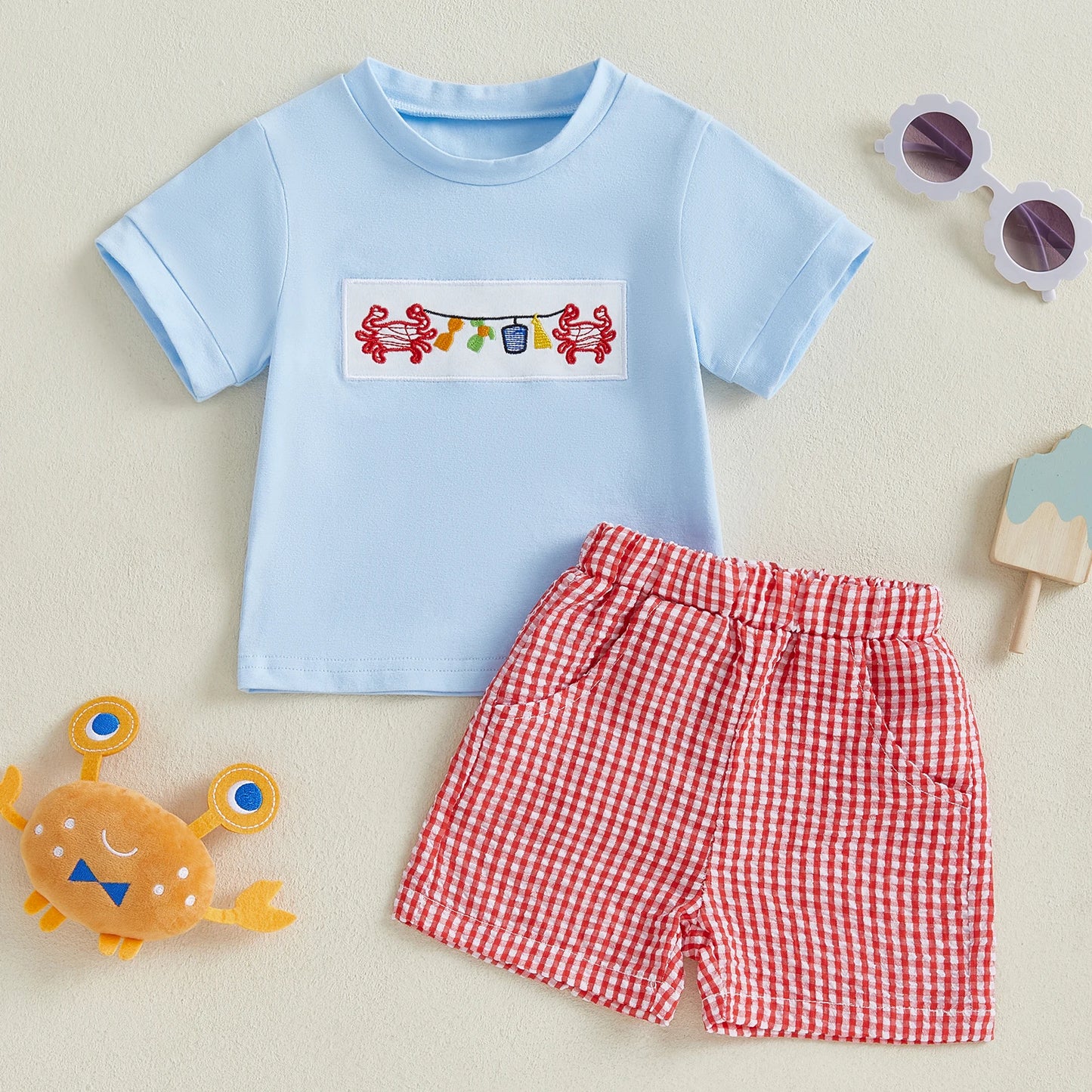 Toddler Baby Boy Summer Outfit Crab Lobster Embroidered Short Sleeve T-Shirts Plaid Shorts Infant Crawfish Clothes