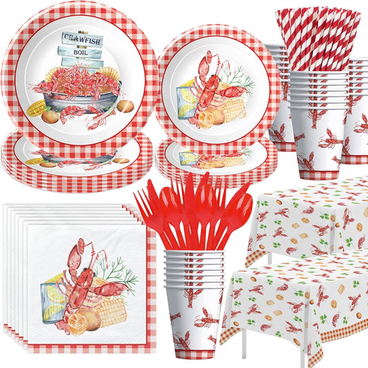 Crawfish Boil Party Supplies, Lobster Crab Seafood Boil Party Decorations Tableware for Birthday Baby Shower, Paper Plate, Cup, Napkin, Tablecloth, Disposable Cutlery, Serves 24