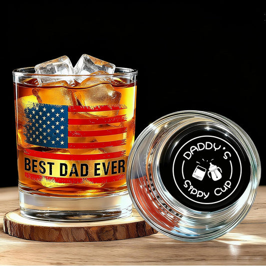 New Dad Gifts - Daddy‘S Sippy Cup Whiskey Glass Gift Set with Ice Ball Mold, 10Oz “Best Dad Ever” Patriotic Glass, Funny Unique Present for Father‘S Day, Birthday & Christmas