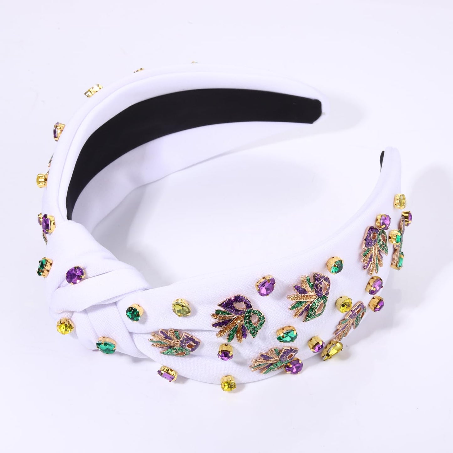 Mardi Gras Headband for Women Crown Fleur De Lis Mask Headbands Green Purple Gold Rhinestone Pearl Jeweled Knotted Headband Mardi Gras Accessories Outfits Carnival Parade Party Favors (Mask a - White)