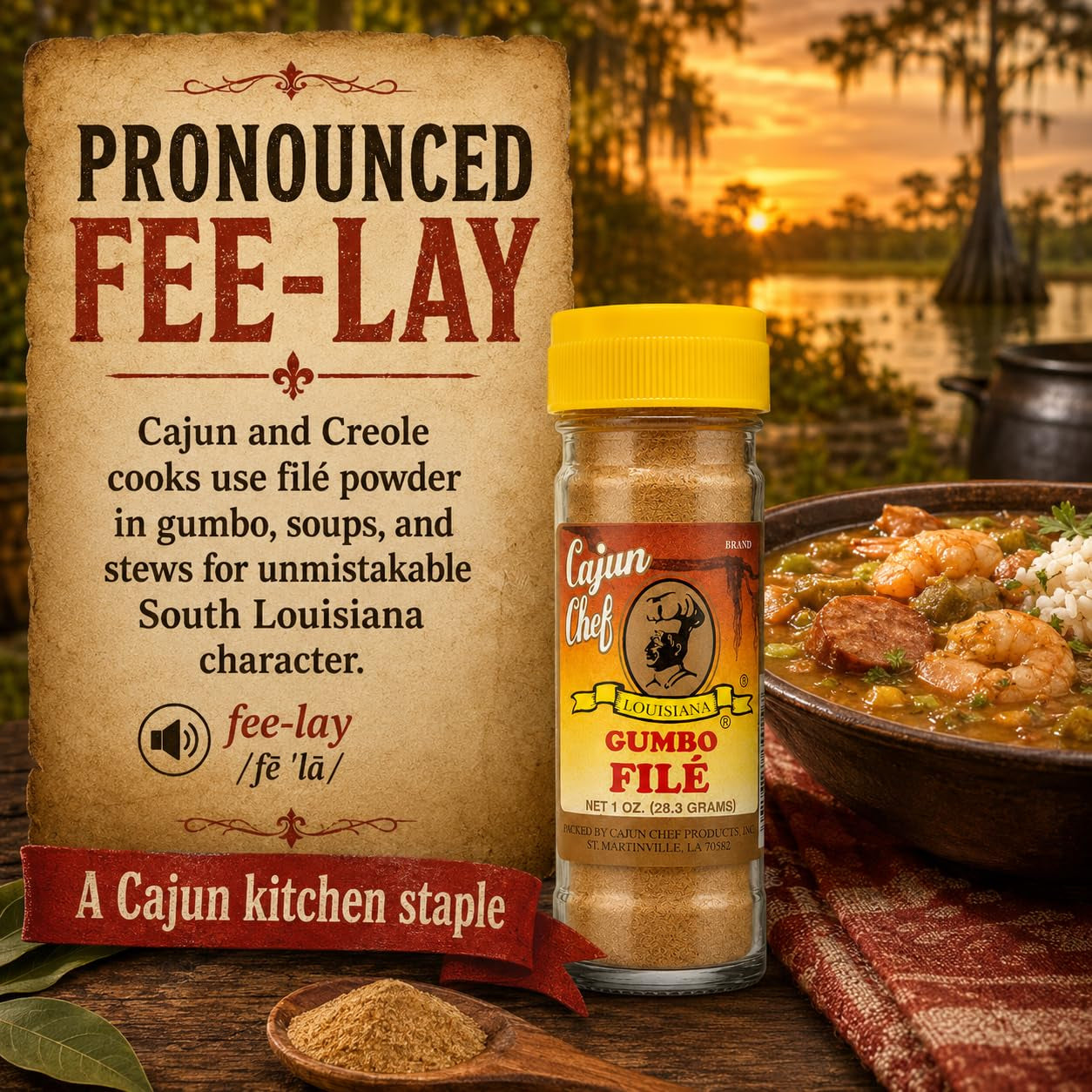Gumbo File Powder 1 Oz, Ground Sassafras Leaves for Authentic Louisiana Gumbo, Cajun and Creole Seasoning for Soups, Stews, Jambalaya and Etouffee