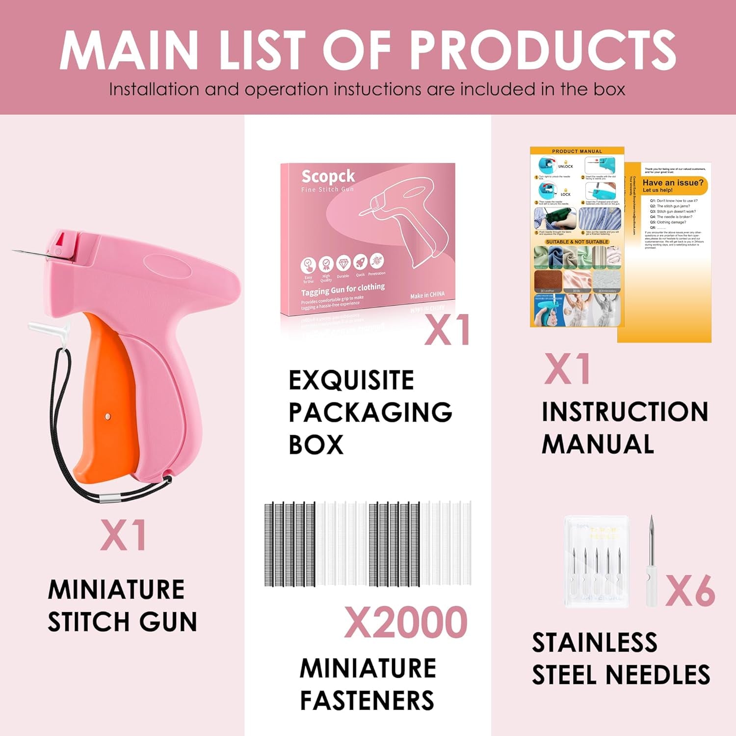 Stitch Gun for Clothes - Handheld Stitch Gun Quick Clothing Fixer - Tagging Gun - Includes 6 Needle, 1000 Black Fasteners & 1000 White Fasteners
