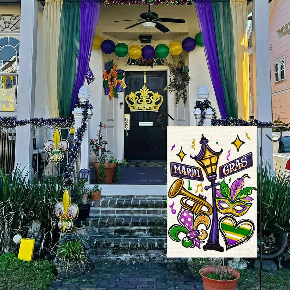 Mardi Gras Garden Flag 12X18 Inch Double Sided Outdoor Decoration, Street Lamp Fleur De Lis Mask New Orleans Carnival Party Supplies Purple Green Gold Festival Accessories