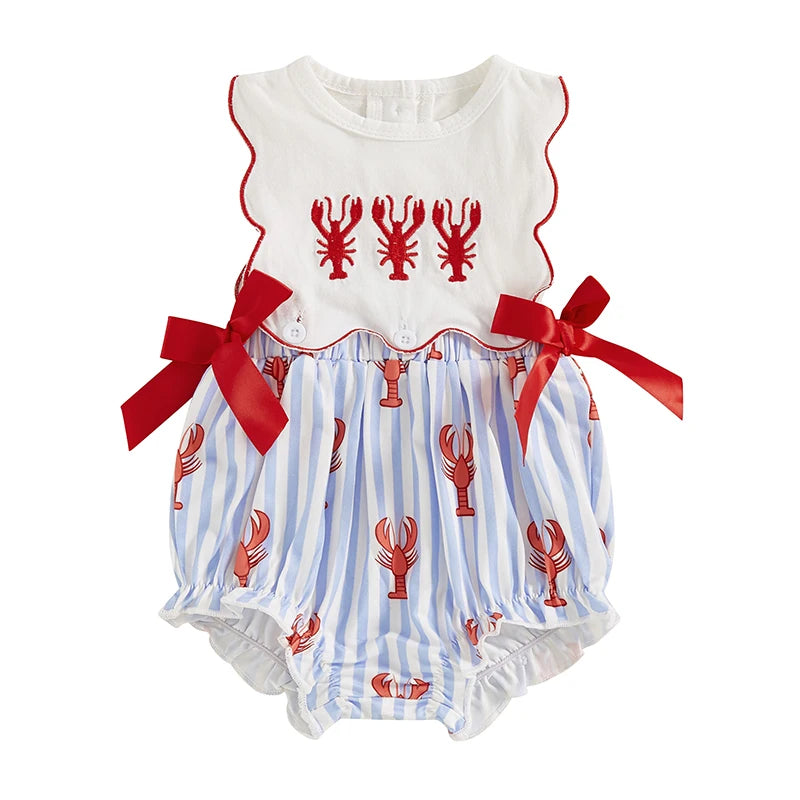 0-18M Newborn Baby Girl Smocked Crawfish Outfit Lobster Bubble Romper Bow Sleeveless Striped Bodysuit Summer Clothes