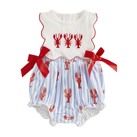 0-18M Newborn Baby Girl Smocked Crawfish Outfit Lobster Bubble Romper Bow Sleeveless Striped Bodysuit Summer Clothes
