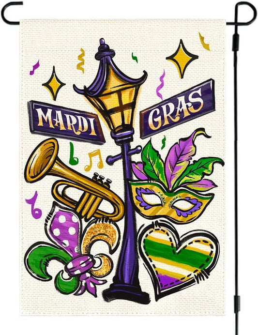 Mardi Gras Garden Flag 12X18 Inch Double Sided Outdoor Decoration, Street Lamp Fleur De Lis Mask New Orleans Carnival Party Supplies Purple Green Gold Festival Accessories