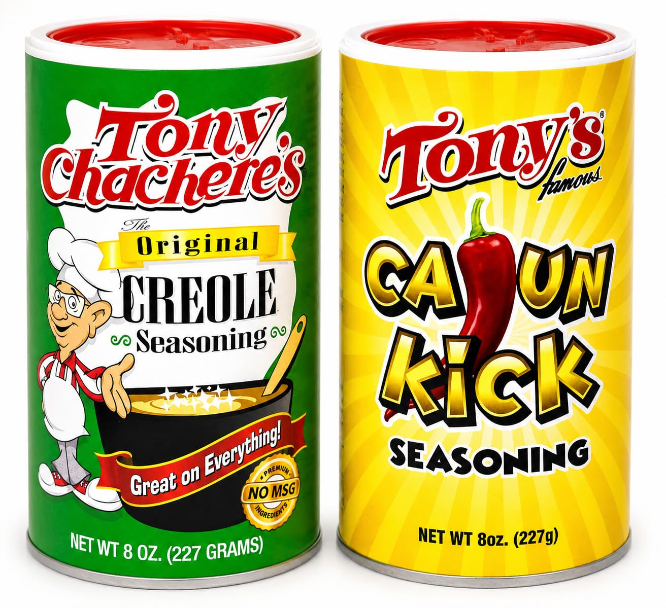 Tony Chachere’S Original Creole Seasoning & Cajun Kick Seasoning Variety Pack, 8 Oz Canisters (2 Pack) – Bold Louisiana Cajun Spice Blend, Great on Meat, Seafood, Veggies & More, No MSG