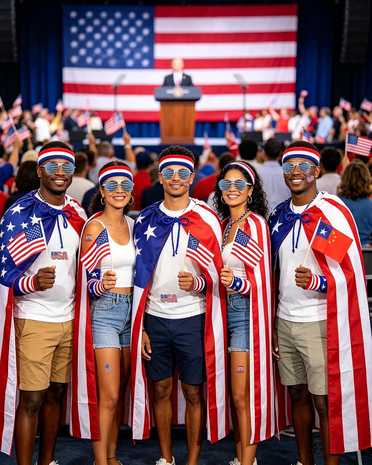 5PCS 4Th of July American Flag Cape Costume USA Patriotic Cape with Headband and Glasses American Flag Cloak, Independence Day Halloween Party Accessories for Men Women Blue